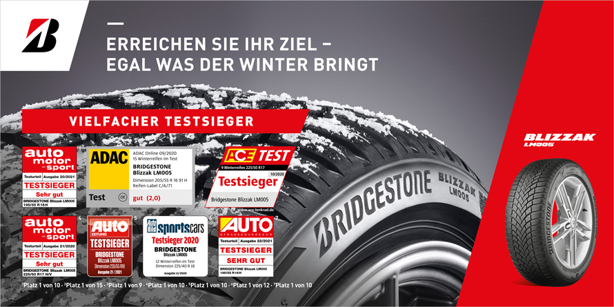 Winterreifen-Tests: Der Vielfach-Testsieger Bridgestone Deutschland Mobilitätslösungen Bridgestone LM005 Blizzak | | und Premiumreifen